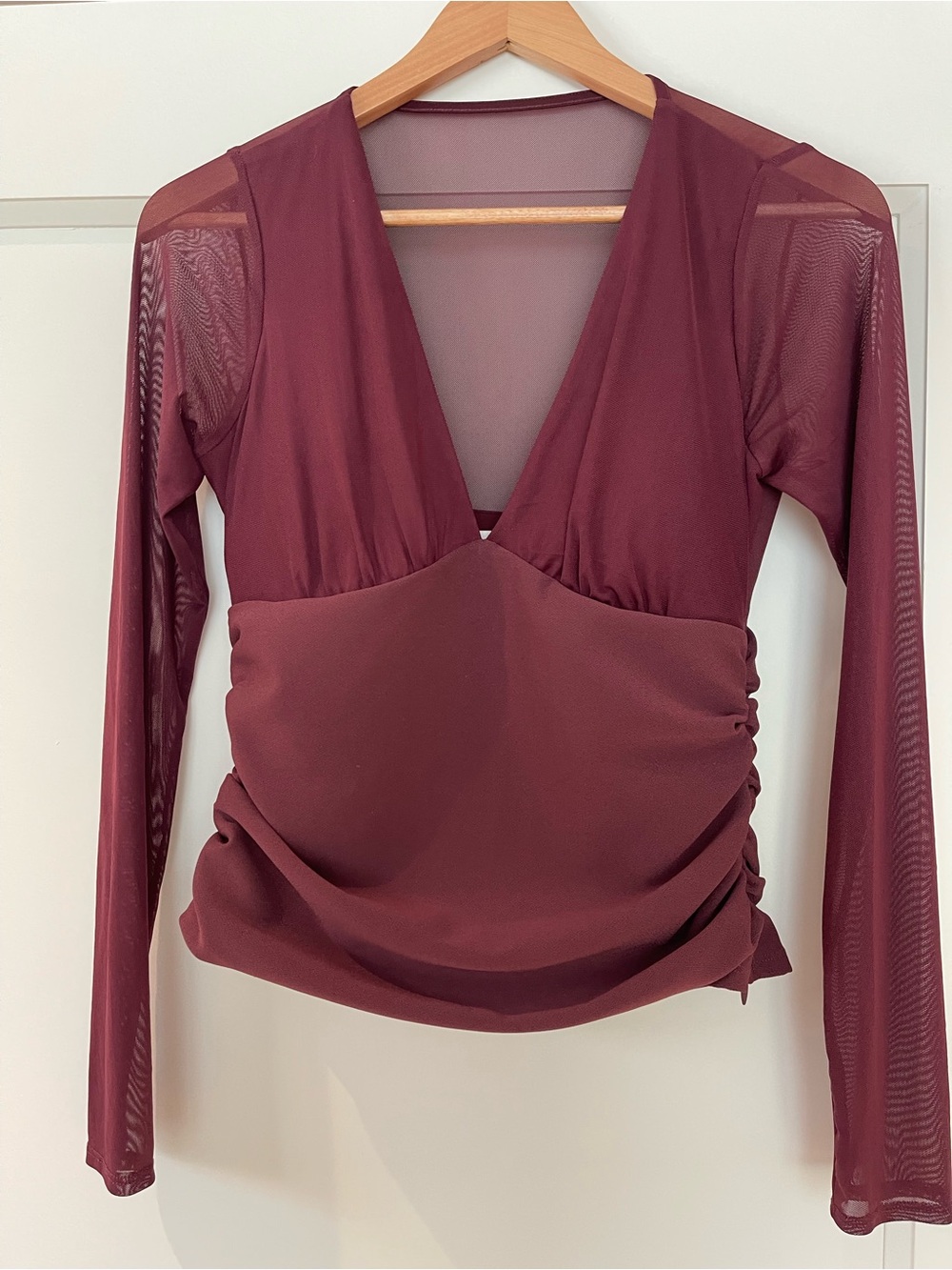 Abercrombie & Fitch Burgundy Long-Sleeve V-Neck Ruched Top